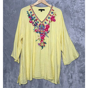 Calessa Top Womens 2X Yellow Textured Embroidered V Neck 3/4 Bell Sleeve Boho